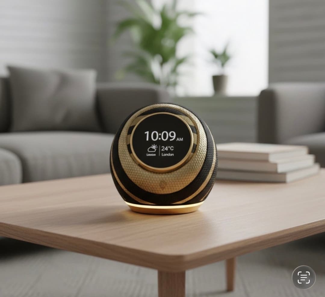 The QueenBee hub on a living-room table, showing the time and weather on its round display